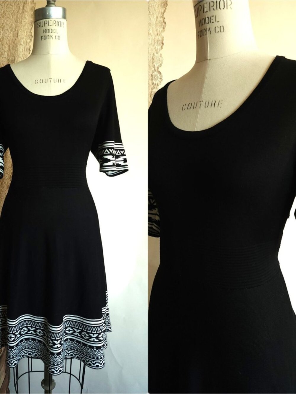 Nina Leonard Black Knit Skater Dress, Size L, Tribal Border Fit and Flare